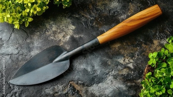 Obraz Garden trowel with a wooden handle on a textured surface surrounded by green foliage ideal for plant cultivation and landscaping projects