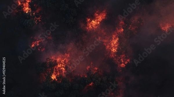 Fototapeta Aerial view of a forest fire with vibrant flames and smoke billowing over treetops highlighting the impact of wildfires in natural environments