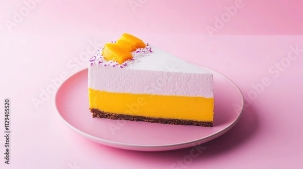 Fototapeta Minimalistic mousse cake slice featuring tropical flavors on a pastel pink background with vibrant mango and coconut presentation