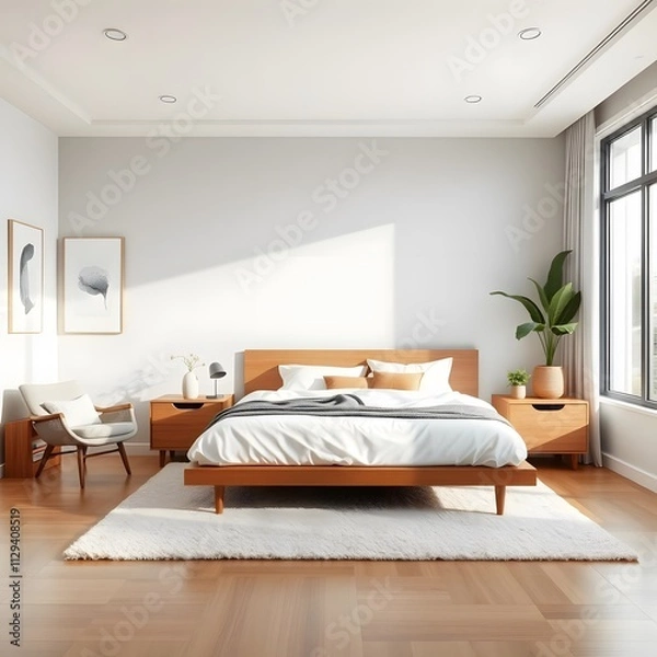 Fototapeta Modern Luxury Bedroom Interior with Elegant Grey Bed, Wooden Nightstands, and Minimalist Decor