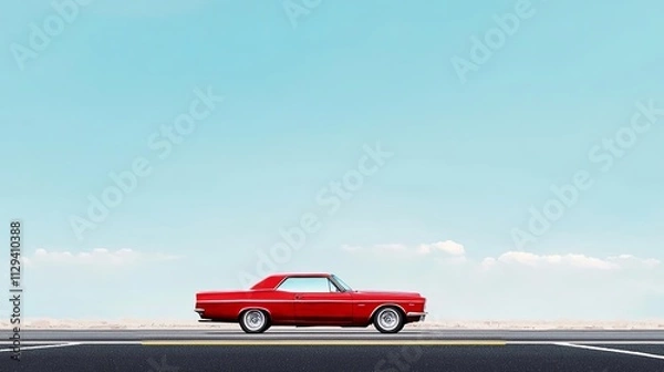 Fototapeta A striking red car driving on an empty road under a clear blue sky.