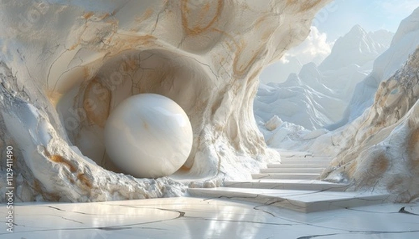 Fototapeta A white sphere is in a cave with a mountain in the background