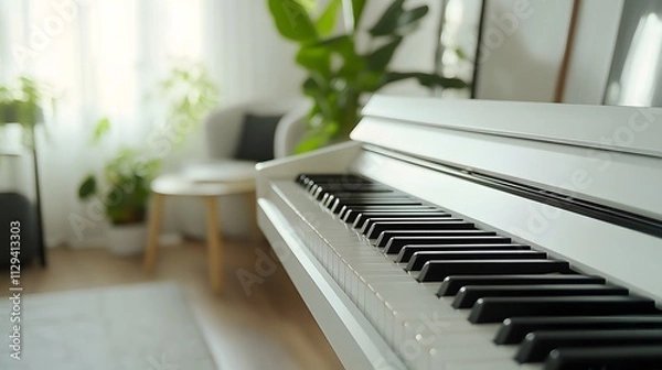 Obraz A modern digital piano placed in a stylish studio apartment with contemporary decor.