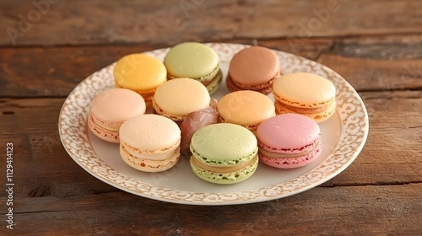 Obraz A plate of assorted colorful macarons on a rustic wooden table.