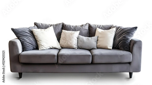 Fototapeta A gray couch with white pillows on it