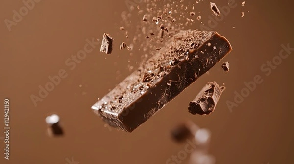 Obraz A chocolate bar breaking mid-air on a warm brown background.