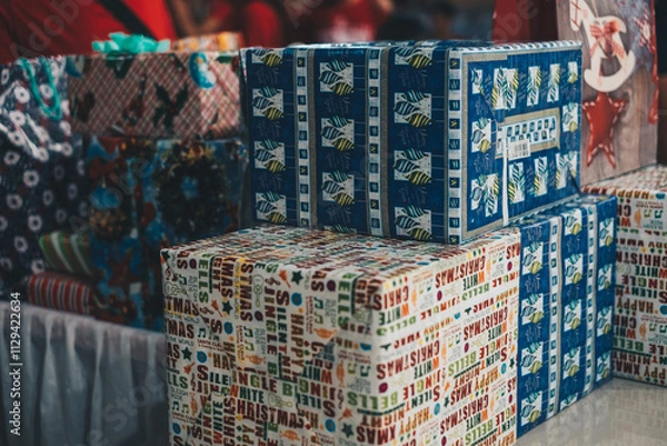 Fototapeta Several Christmas gift boxes in various sizes, colors and designs. Selective focus. Copy space.