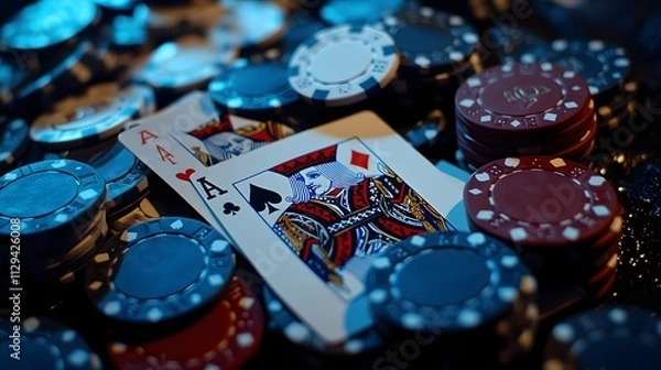 Obraz A detailed view of a blackjack hand showcasing a mix of face cards and betting chips.