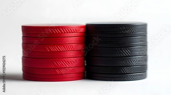 Obraz A detailed view of a stack of red and black poker chips arranged neatly beside playing cards.