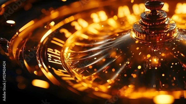 Obraz A detailed view of the spinning numbers on a roulette wheel illuminated by soft golden light.