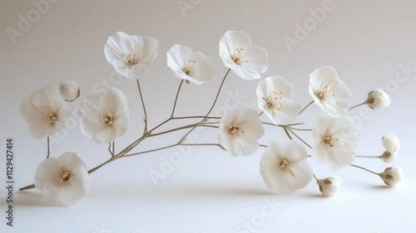 Fototapeta Slender branch adorned with delicate white flowers creates a serene and minimalist composition against a soft, light background, evoking a sense of tranquility and natural beauty