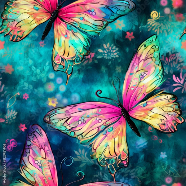 Fototapeta A seamless pattern of colorful butterflies on a green background.