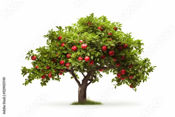 Fototapeta Lush apple tree stands prominently with vibrant green leaves, weighted down by clusters of ripe red apples. Tree showcases healthy growth in open space.