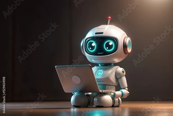 Obraz 3d rendering cute artificial intelligence Â robot or assistant robot with computer notebook