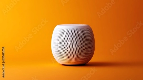 Fototapeta A white wireless speaker with a textured surface on a bold orange background.