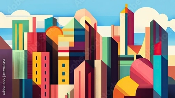 Fototapeta Colorful abstract cityscape illustration with geometric buildings and a bright sky.