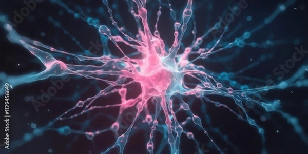 Fototapeta Neural Network Abstract: Microscopic view of a vibrant neuron, its intricate network glowing with pink and blue hues against a dark background.  A mesmerizing image for science, technology.