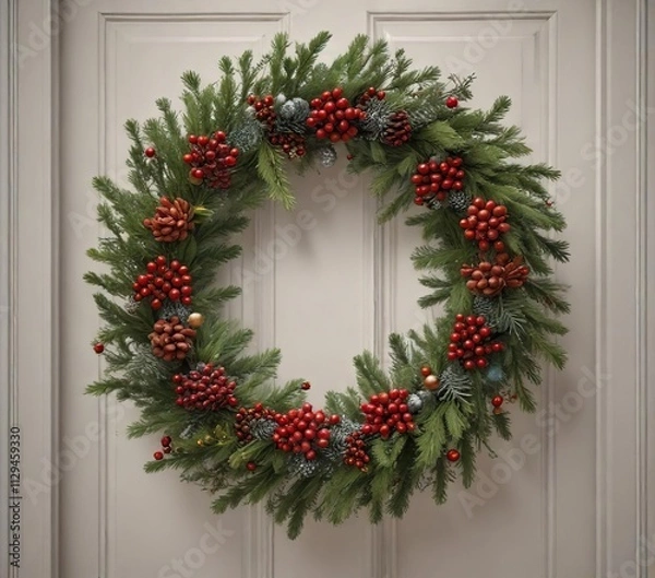 Fototapeta A stunning wreath made of interlocking pine branches and adorned with colorful glass balls and red berries hanging from a doorframe, seasonal decor, wooden decor