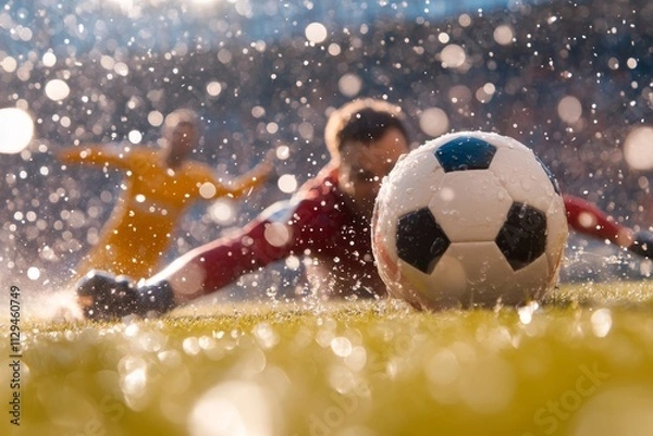 Fototapeta Goalkeeper dives for the ball during a rain-soaked soccer match at a stadium in the afternoon