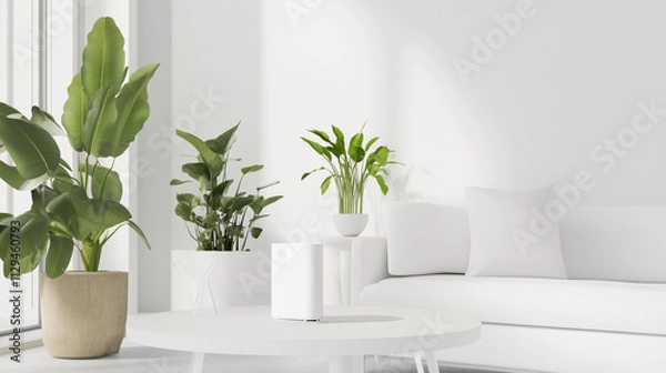 Obraz Sleek air purifier on coffee table surrounded by indoor plants for winter allergy tips