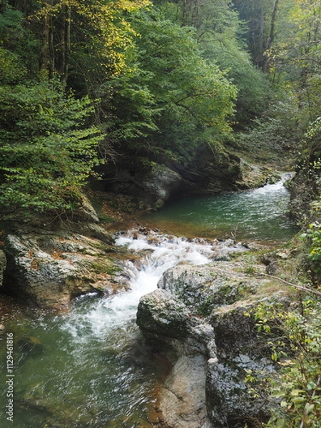 Obraz Waterfall in the forest. Beautiful nature of the Caucasus mountains.