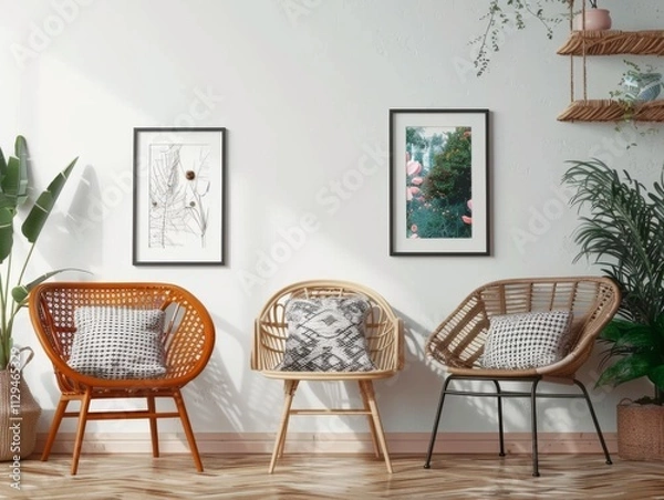 Fototapeta This stylish living room features a cozy arrangement of three elegant chairs beside blank picture frames hanging on the wall. The space invites creativity and personalization with a touch of nature