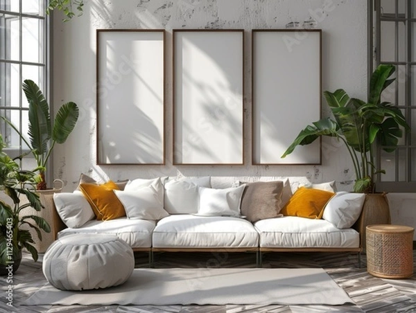 Fototapeta A cozy living room features a spacious couch adorned with cushions, flanked by vibrant indoor plants. Three blank picture frames await personal touches, illuminated by soft, natural light
