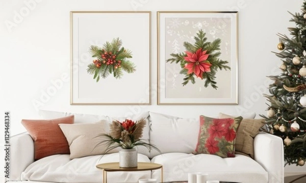 Fototapeta This inviting living space features a stylish sofa adorned with seasonal pillows, showcasing two beautiful picture frames filled with holiday cheer against a backdrop of a decorated Christmas tree