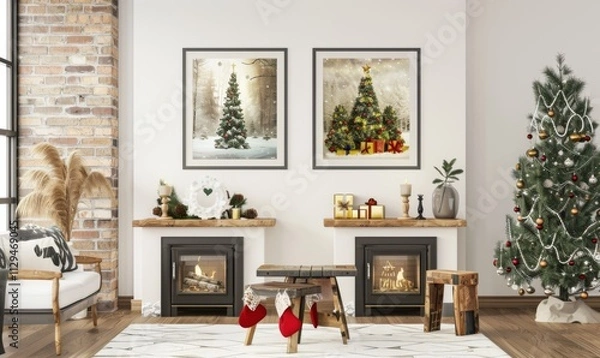 Fototapeta A charming living room beautifully decorated for New Year celebrations. Two festive picture frames adorn the wall, while a tall Christmas tree sparkles with lights