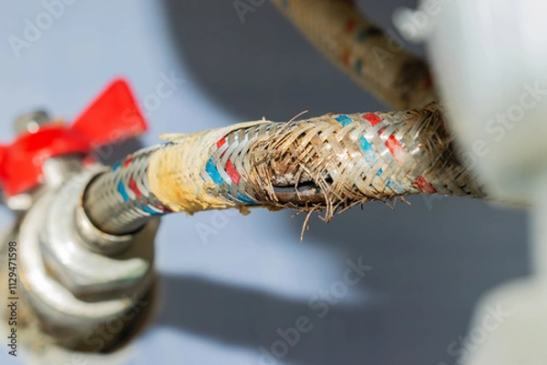 Fototapeta water hose to the mixer with a cracked and rusty braid. replacement is necessary. close-up