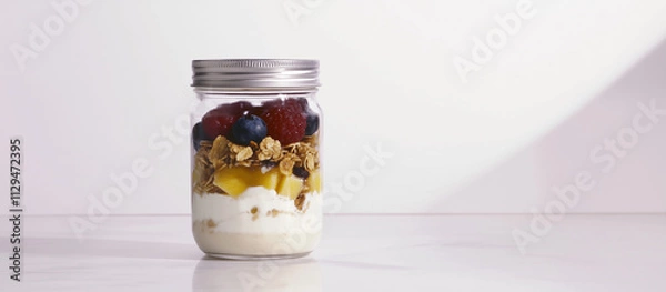 Obraz Healthy fruit and yogurt parfait in a jar with granola and fresh berries