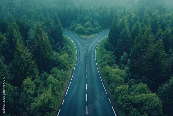 Fototapeta The intersection in the forest shows two roads converging at different angles.