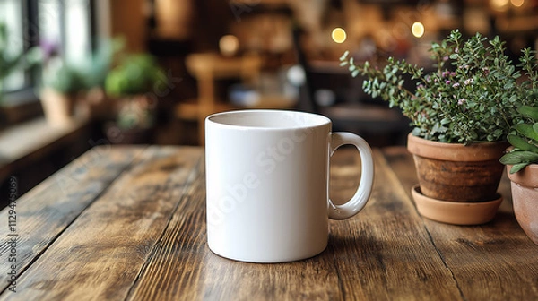 Fototapeta White mug mockup on a wooden table in a coffee shop close-up
