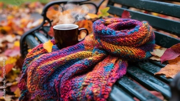 Fototapeta A colorful knitted scarf draped over a park bench in an autumn setting. Surround it with fallen leaves in shades of orange, red, and yellow, and add a steaming mug of coffee or tea next to it