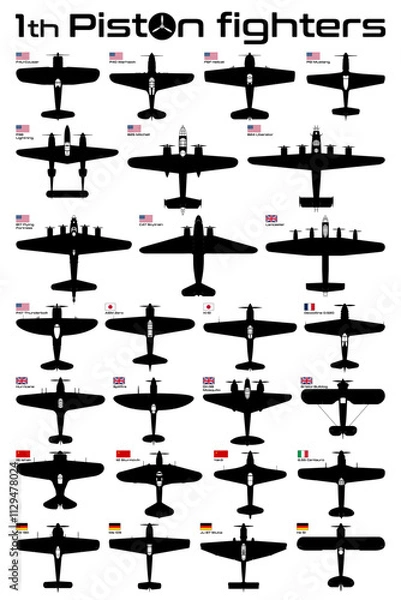 Obraz 1th Piston global aircraft fighters vector illustration