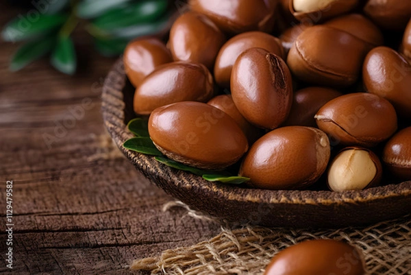 Obraz Rich brown argan nuts nestled in a rustic wooden bowl against a backdrop of textured fabric and leaves, creating an inviting and earthy atmosphere