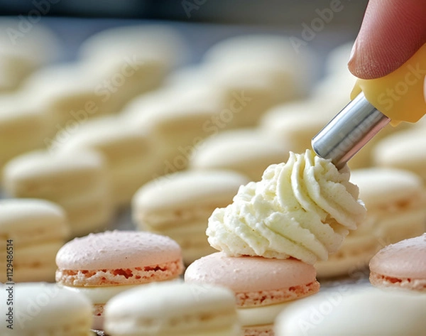 Obraz A skilled baker piped creamy filling between pastel macarons in a sunny kitchen space