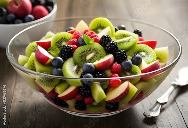 Fototapeta A vibrant bowl filled with fresh fruit, including berries and citrus, garnished with mint leaves for a refreshing touch, ai.