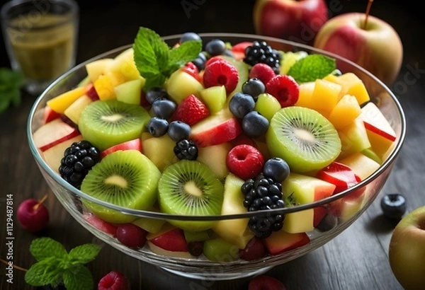 Fototapeta A vibrant bowl filled with fresh fruit, including berries and citrus, garnished with mint leaves for a refreshing touch, ai.