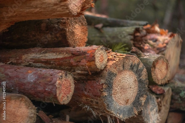 Fototapeta Logging and timber industry. Cut down trees lie on the ground. Close-up photography. Deforestation and the impact of forests on the environment