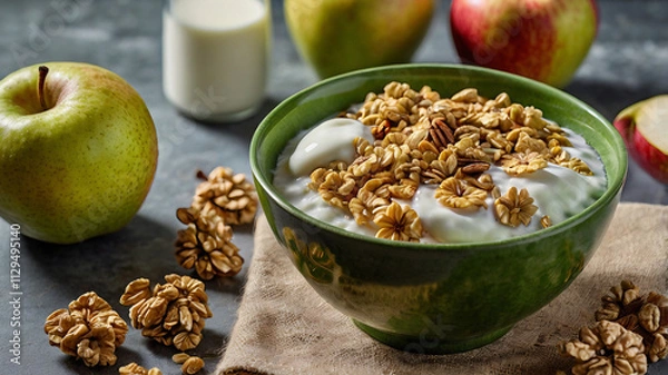Obraz Pear and apple splashing into a green bowl with oatmeal, yogurt, and milk, showcasing a healthy vegan breakfast with cornflakes, granola, and muesli for a nutritious fiber and energy-packed meal.
