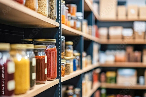 Fototapeta Organized pantry shelves with various jars and containers