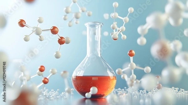 Fototapeta Flask Containing Orange Liquid Surrounded By Molecular Models