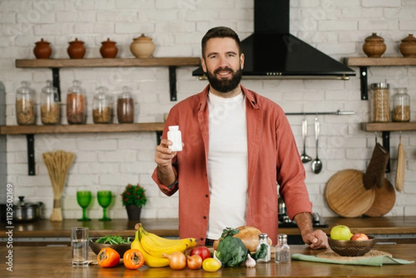 Fototapeta Smiling handsome caucasian man with beard in home kitchen holding bottle of nutritional supplements, looking at the camera. Painkiller, headache medication or vitamins concept
