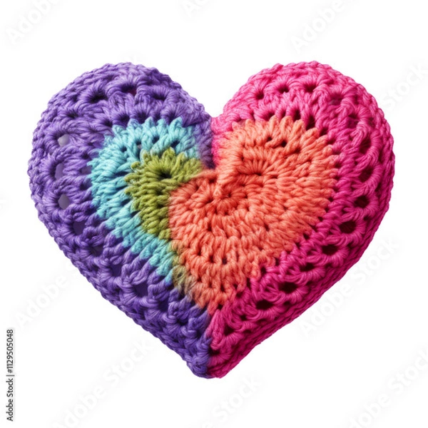 Fototapeta Crocheted multi-colored heart on a transparent background.