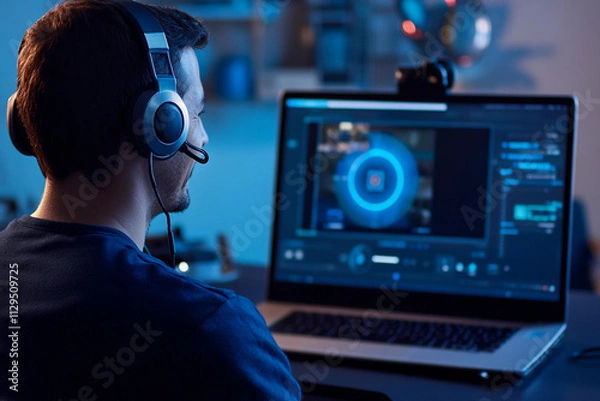 Fototapeta Person using a headset for online gaming and streaming at night in a cozy home environment. Generative AI