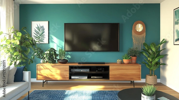 Fototapeta Modern Living Room Interior Design  Teal Walls  Wooden TV Stand  Plants