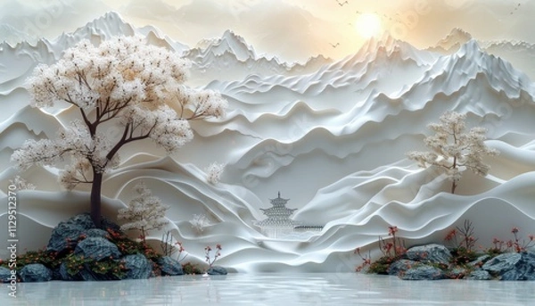 Fototapeta A mountain landscape with a tree and a small building in the distance