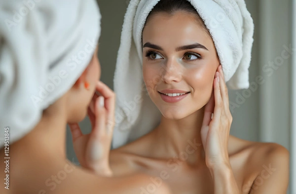 Fototapeta A young woman looks at her face in the mirror after taking a shower, with a towel wrapped around her head, looking fresh and natural, in a calm and private atmosphere.