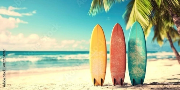 Fototapeta Three surfboards are on the beach